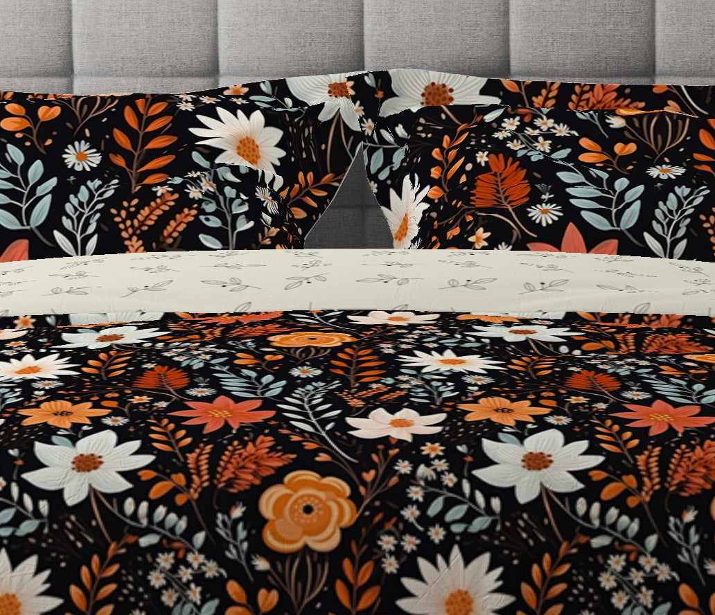Bohemian Black Orange Wild Floral Cotton Reversible Quilt Cover Set - Adore India   