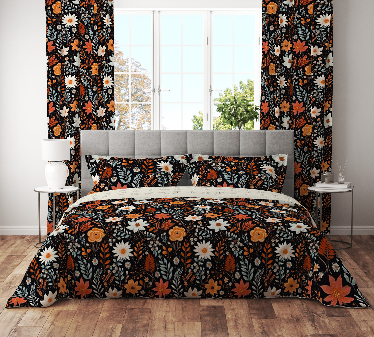 Bohemian Black Orange Wild Floral Cotton Reversible Quilt Cover Set - Adore India   