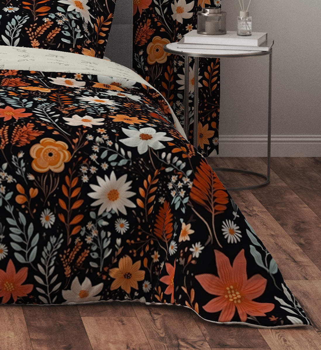 Bohemian Black Orange Wild Floral Cotton Reversible Quilt Cover Set - Adore India   