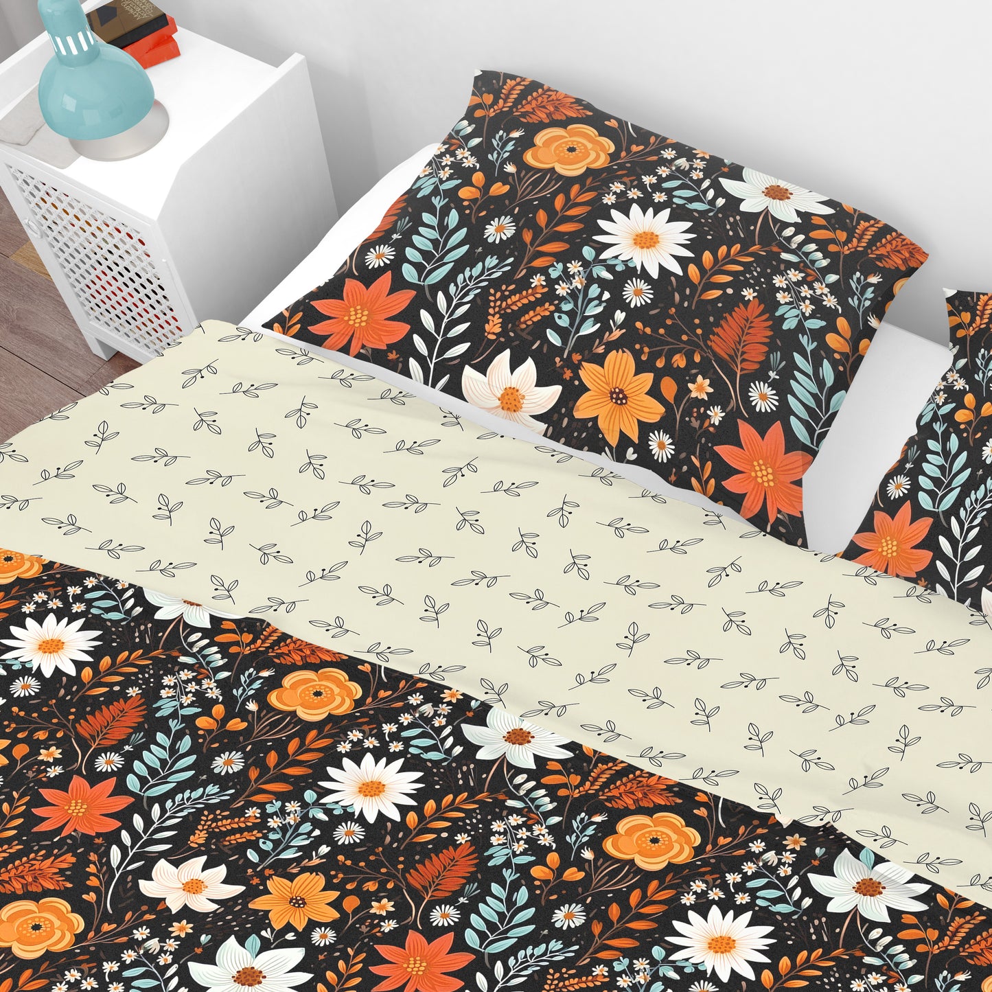 Bohemian Black Orange Wild Floral Cotton Reversible Quilt Cover Set - Adore India   