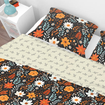Bohemian Black Orange Wild Floral Cotton Reversible Quilt Cover Set - Adore India   