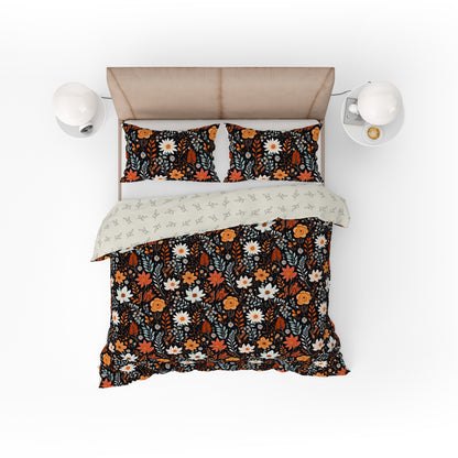 Bohemian Black Orange Wild Floral Cotton Reversible Quilt Cover Set - Adore India   