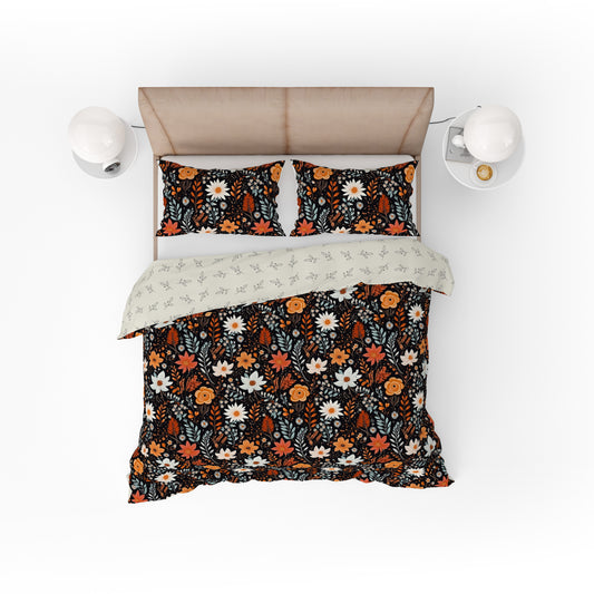 Bohemian Black Orange Wild Floral Cotton Reversible Quilt Cover Set - Adore India   