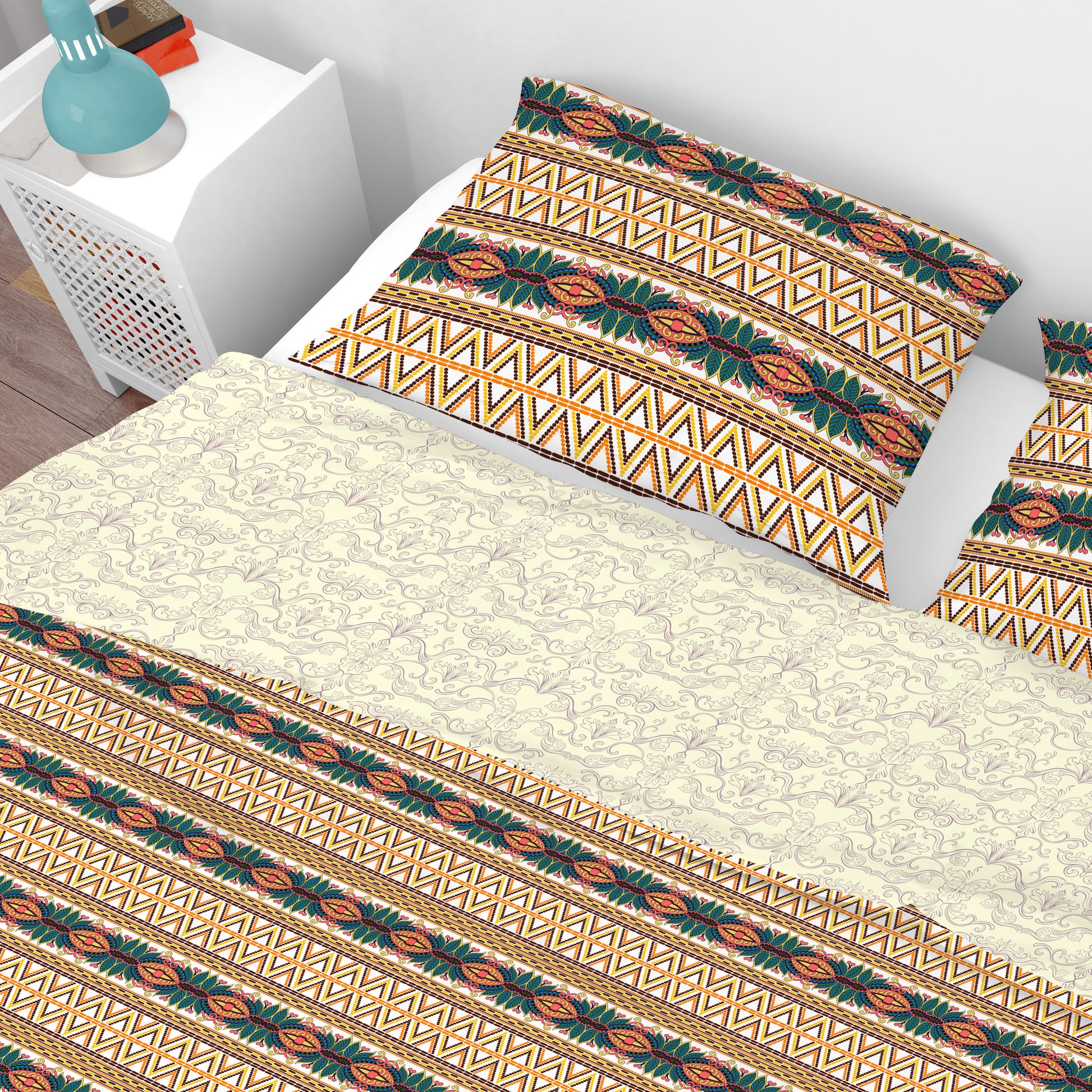 Bohemian Multicolour Geometrical Floral Cotton Reversible Quilt Cover Set - Adore India   