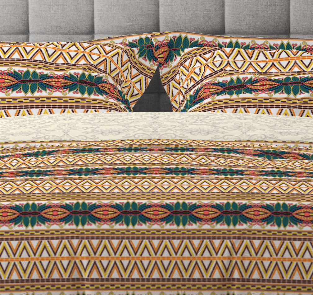 Bohemian Multicolour Geometrical Floral Cotton Reversible Quilt Cover Set - Adore India   