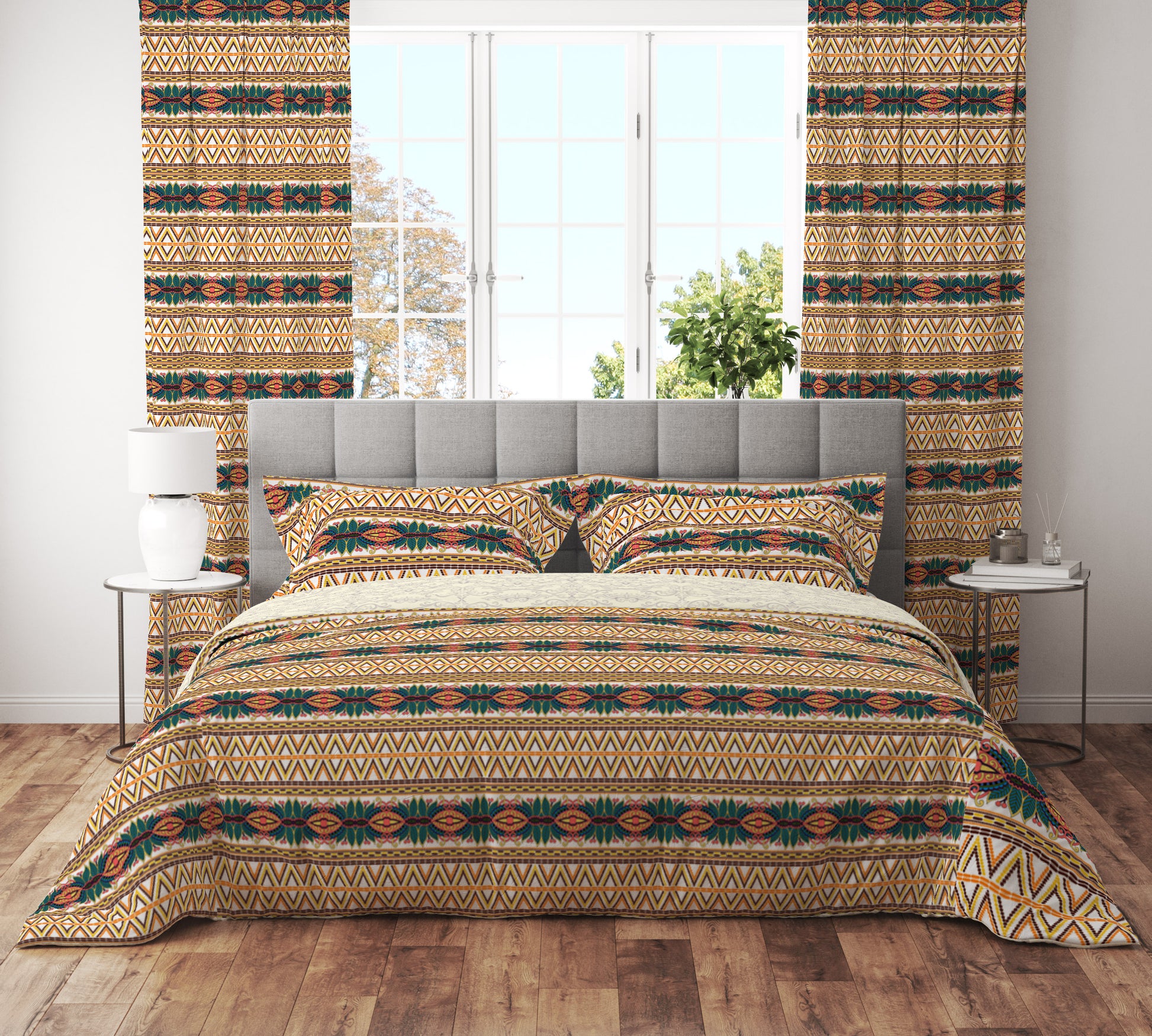 Bohemian Multicolour Geometrical Floral Cotton Reversible Quilt Cover Set - Adore India   