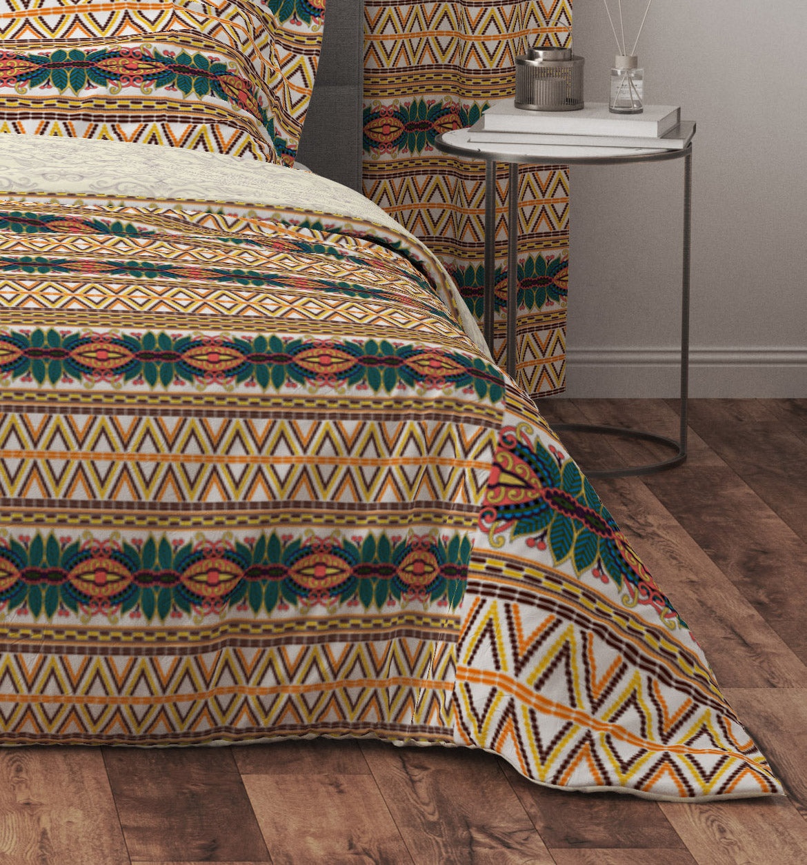 Bohemian Multicolour Geometrical Floral Cotton Reversible Quilt Cover Set - Adore India   