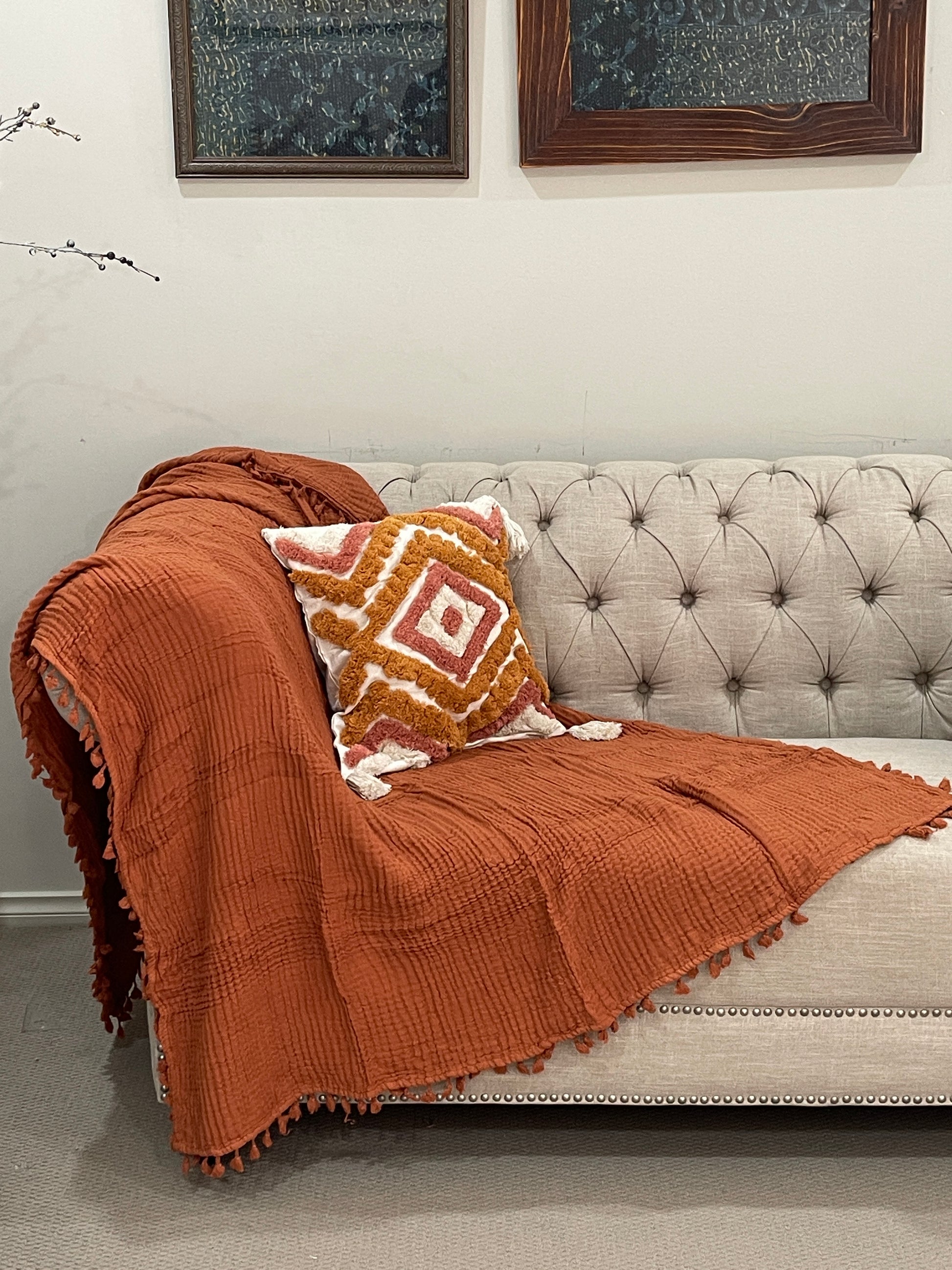 Organic Cotton Muslin Soft Bedding Blanket Throw With Tassels - Adore India   