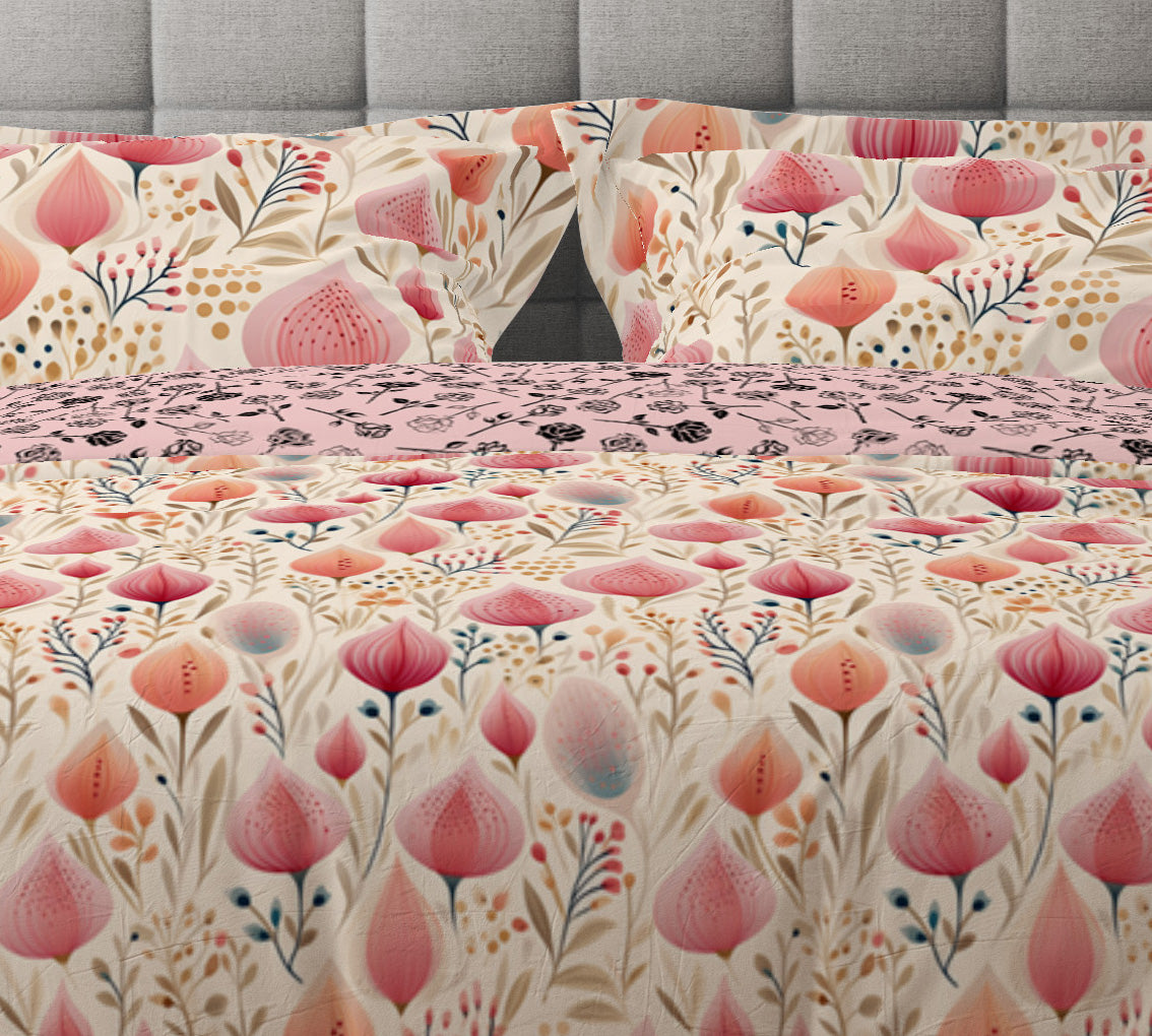 Bohemian Pink Rosebud Scandinavian Floral Cotton Reversible Quilt Cover Set - Adore India   