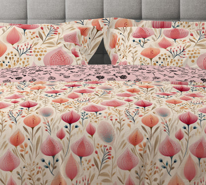 Bohemian Pink Rosebud Scandinavian Floral Cotton Reversible Quilt Cover Set - Adore India   