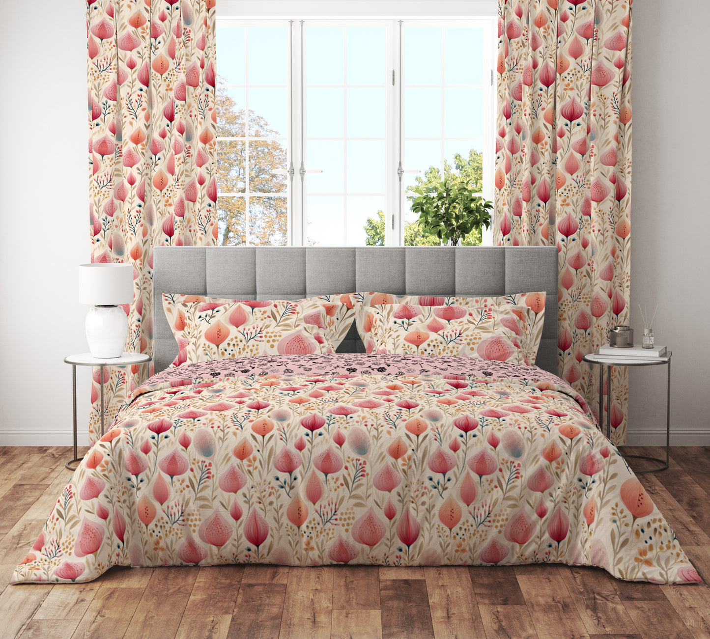 Bohemian Pink Rosebud Scandinavian Floral Cotton Reversible Quilt Cover Set - Adore India   