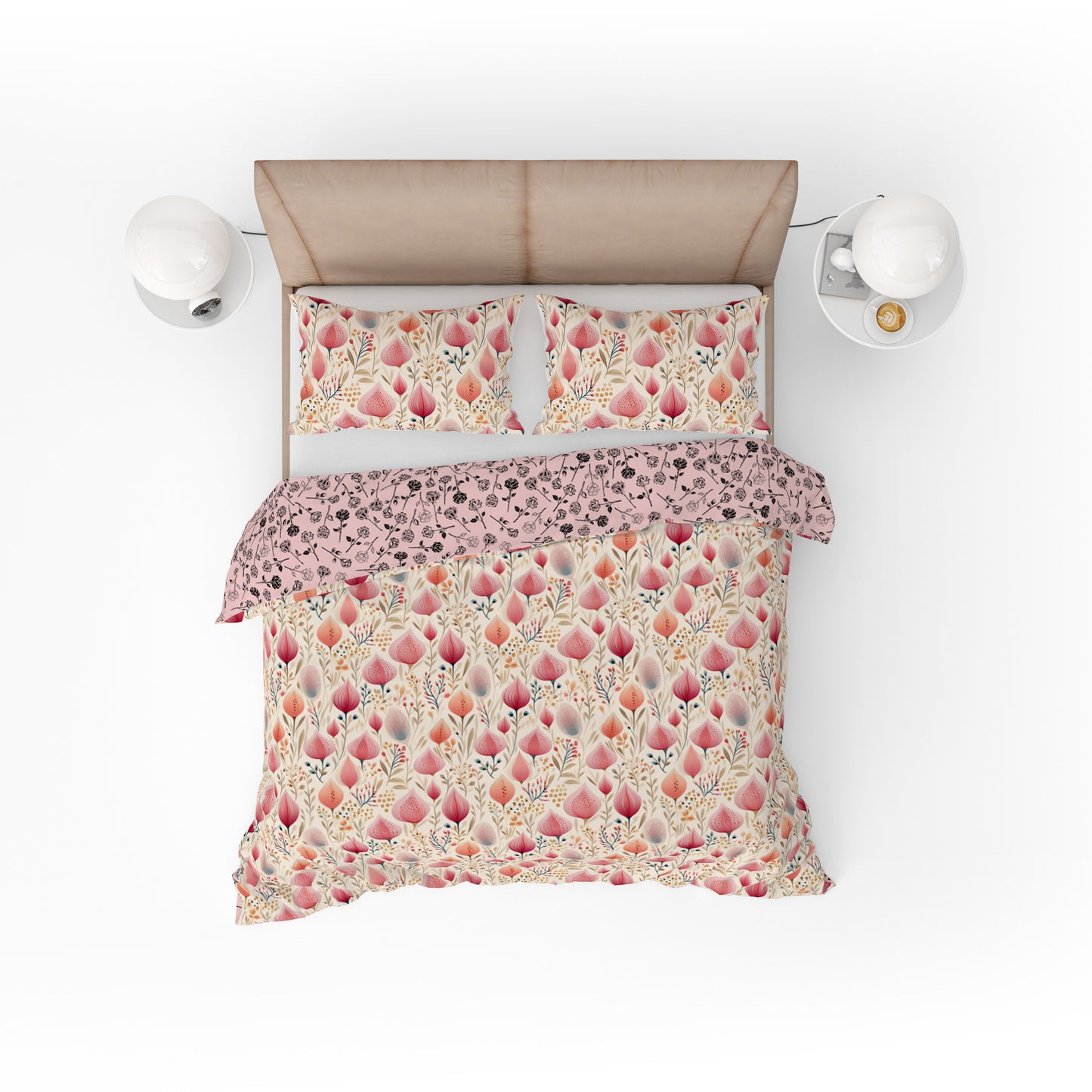 Bohemian Pink Rosebud Scandinavian Floral Cotton Reversible Quilt Cover Set - Adore India   