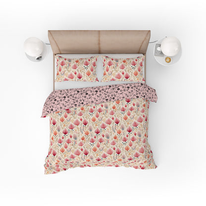 Bohemian Pink Rosebud Scandinavian Floral Cotton Reversible Quilt Cover Set - Adore India   