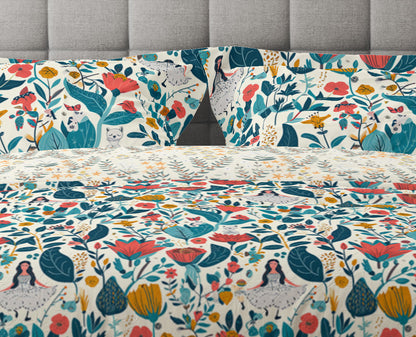 Fantasy World Wild Floral Red Cotton Reversible Quilt Cover Set - Adore India   