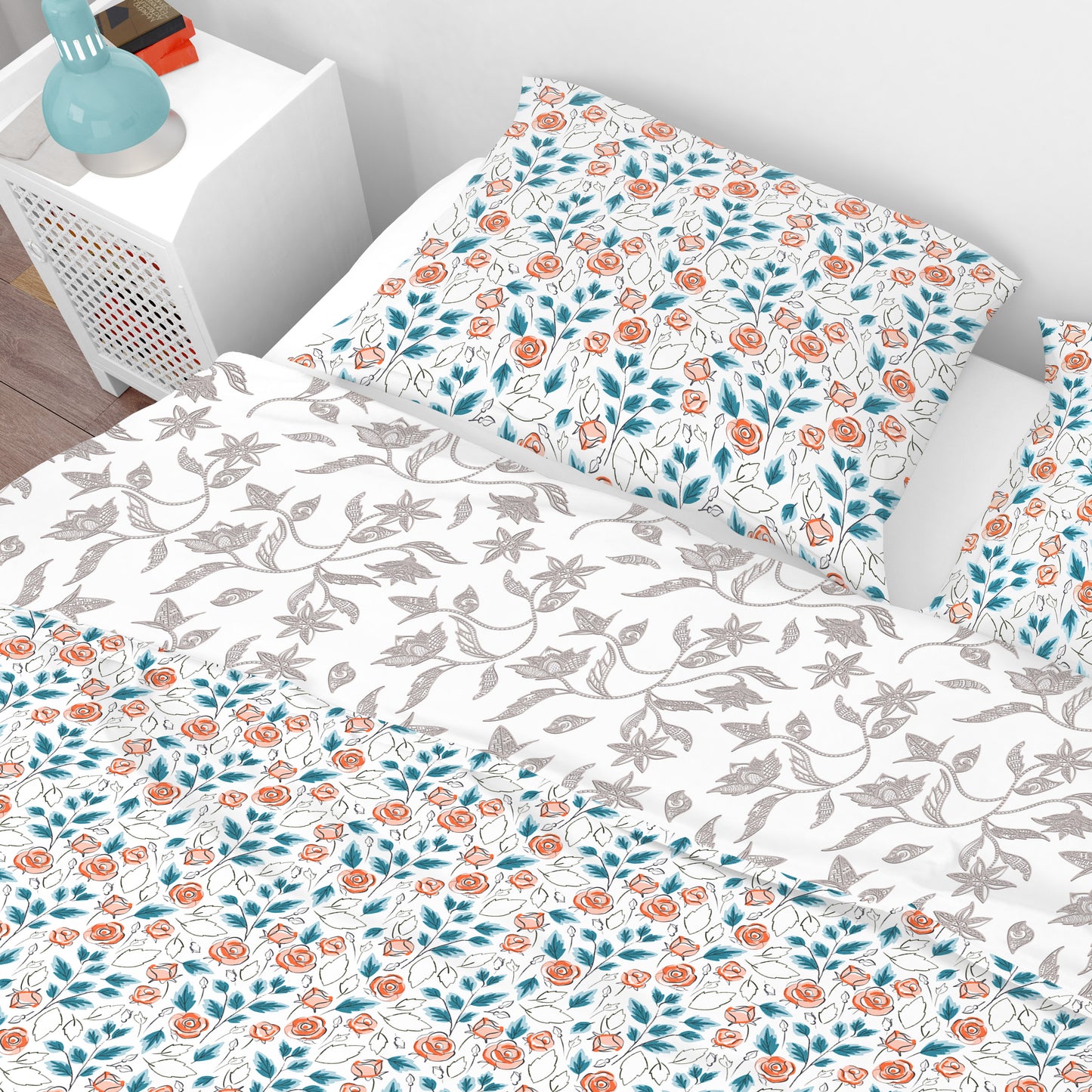 Bohemian Watercolour Teal Pink Floral Red Cotton Reversible Quilt Cover Set - Adore India   