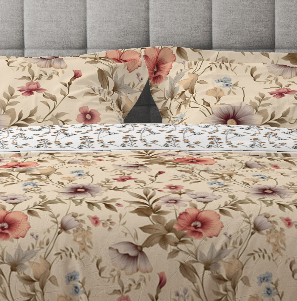 Vintage Retro Whimsical Pink Floral Cotton Reversible Quilt Cover Set - Adore India   