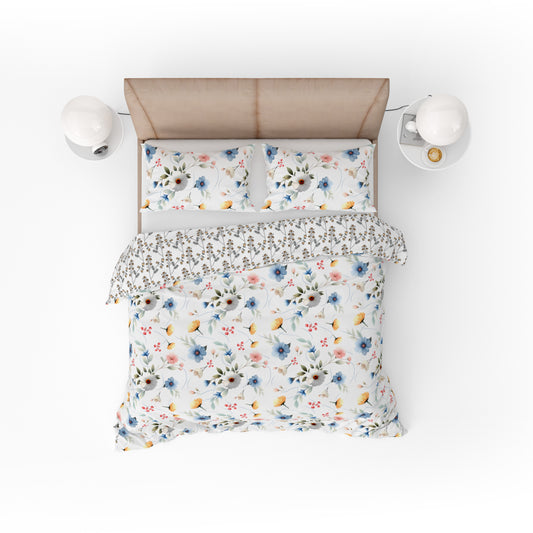 Vintage Retro White Blue Floral Cotton Reversible Quilt Cover Set - Adore India   