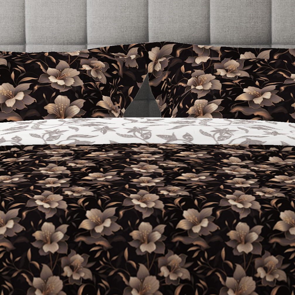 Bohemian Black Bronze Floral Cotton Reversible Quilt Cover Set - Adore India   