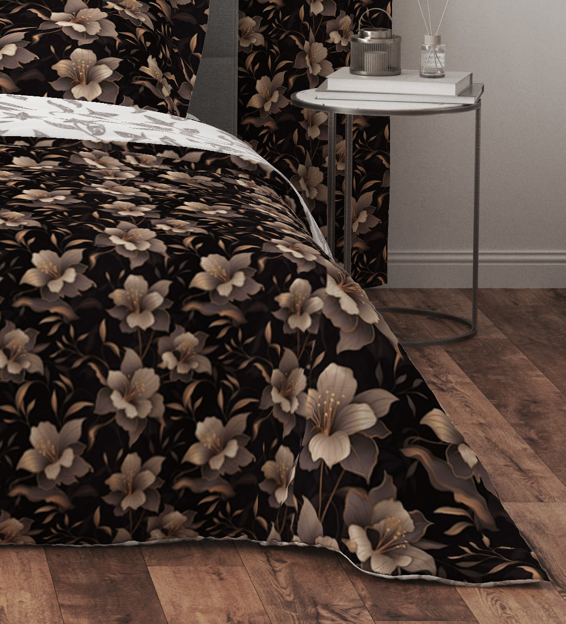 Bohemian Black Bronze Floral Cotton Reversible Quilt Cover Set - Adore India   