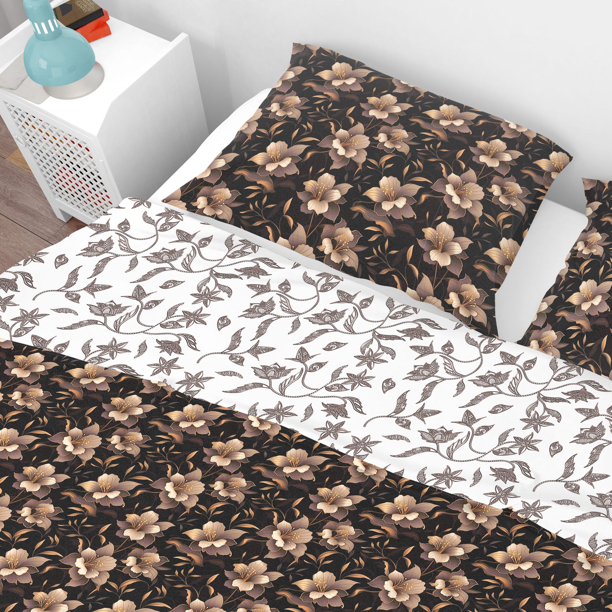 Bohemian Black Bronze Floral Cotton Reversible Quilt Cover Set - Adore India   