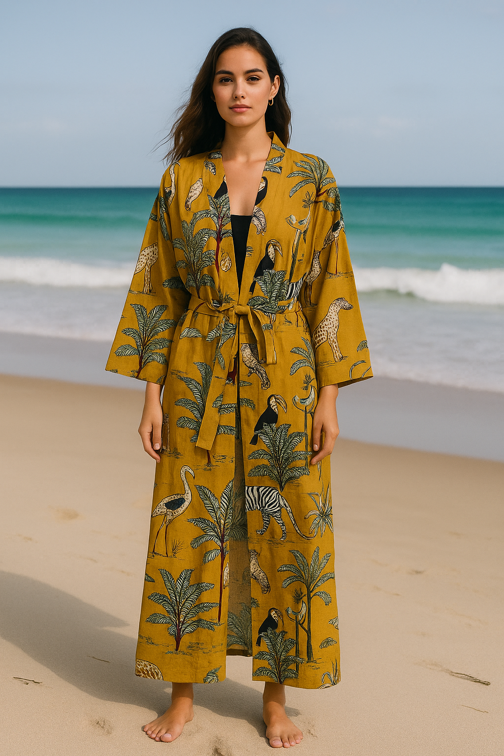 Cotton Safari Animal Printed Mustard Kimono Kaftan Bathrobe
