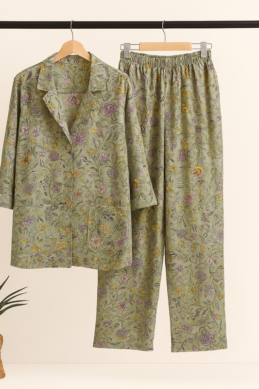 Sage Garden Floral Hand Printed Women Cotton Co-Ord Set
