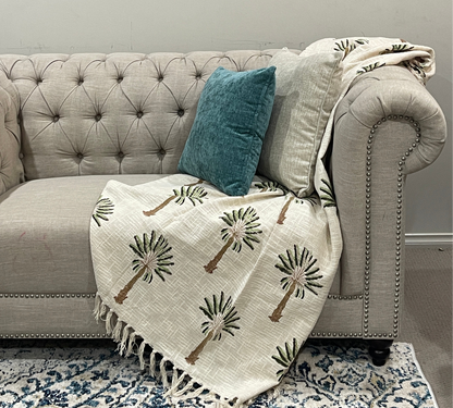 Bohemian Cotton Hand Block Palm Tree Bedding Throw Blanket - Adore India   