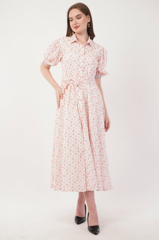 Elsie Cotton Pink Floral Bohemian Midi Maxi Long Dress