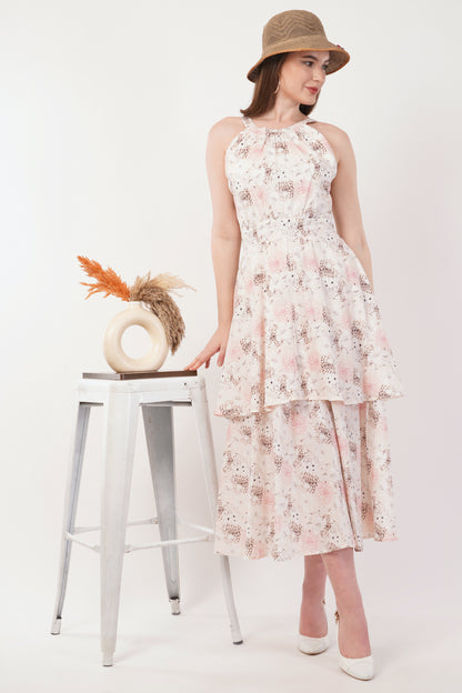 Evelyn Cotton Floral Bohemian Halter Neck  Midi Maxi Long Dress