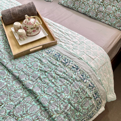 Hand Block Hand Printed Cotton Turquoise Floral Quilt Bedspread Set - Adore India   