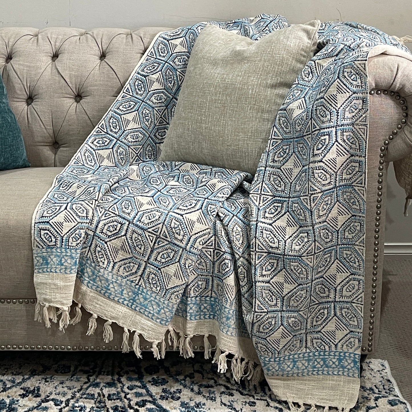 Bohemian Cotton Blue Geometrical Block Printed Cotton Throw Blanket - Adore India   