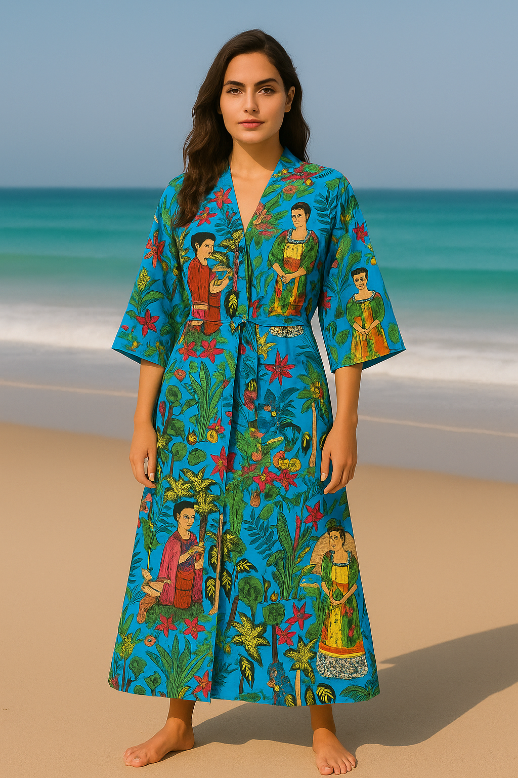 Cotton Printed Turquoise Kahlo Kimono Kaftan Bathrobe