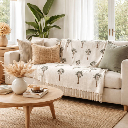 Bohemian Cotton Hand Block Palm Tree Bedding Throw Blanket