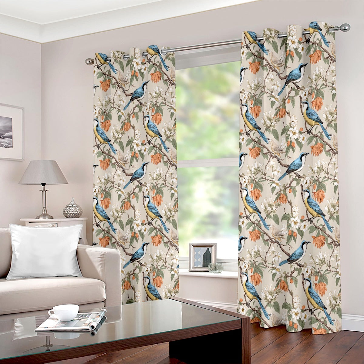 Golden Blue Bird Floral Petal Printed Curtain Set - Adore India   