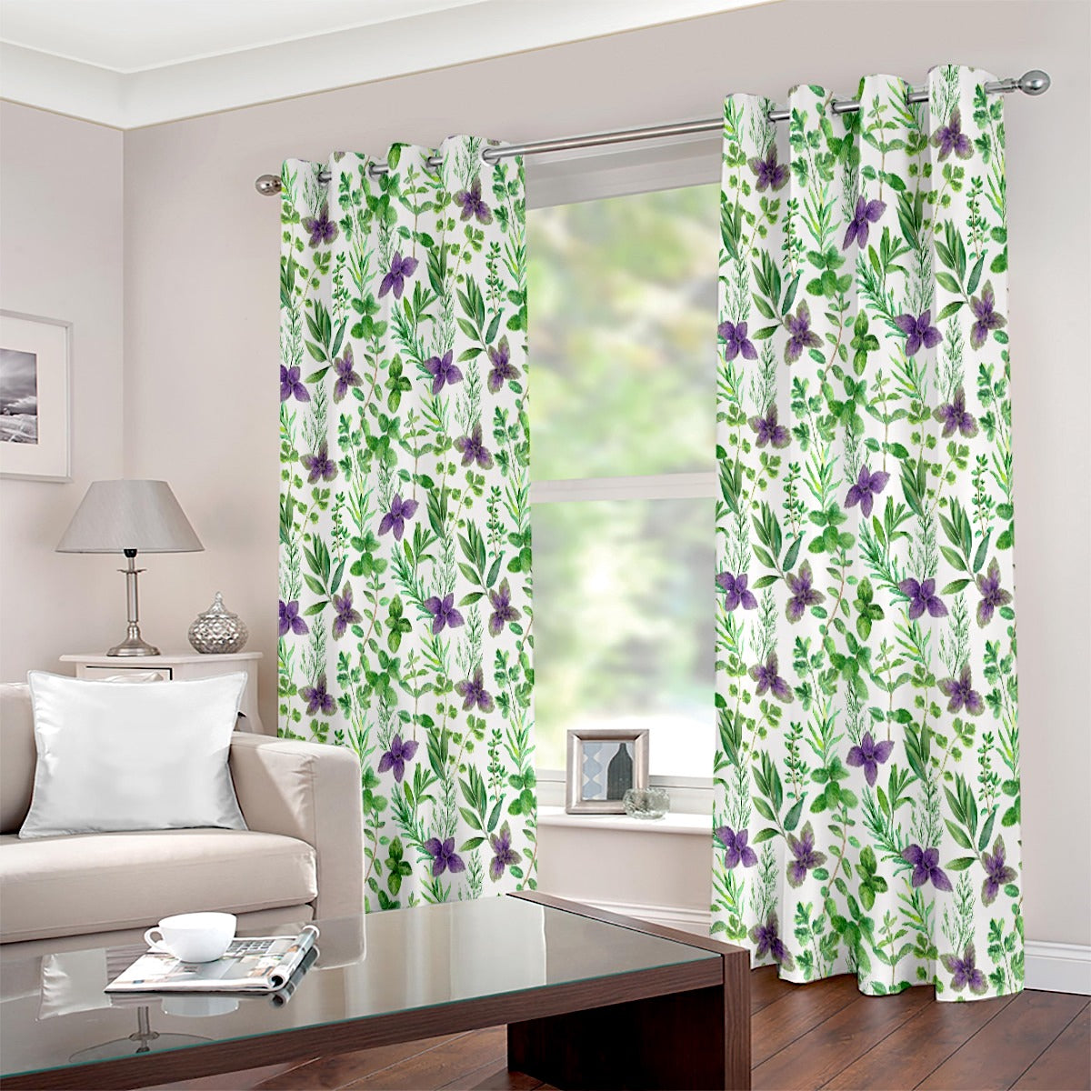 Green Purple Floral Leaf Printed Eyelet Curtain - Adore India   
