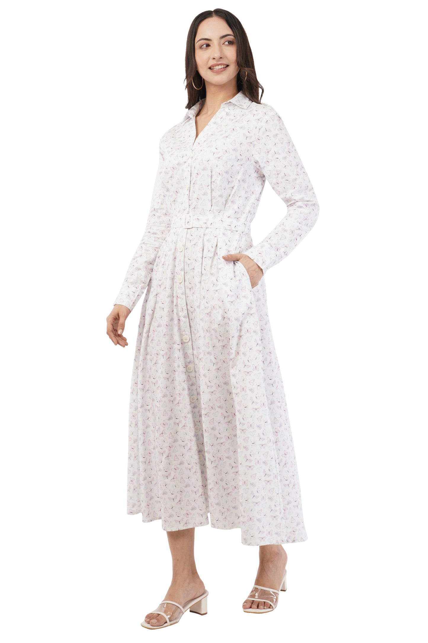 Greta Butterfly Printed Long Sleeve Cotton Shirt Dress