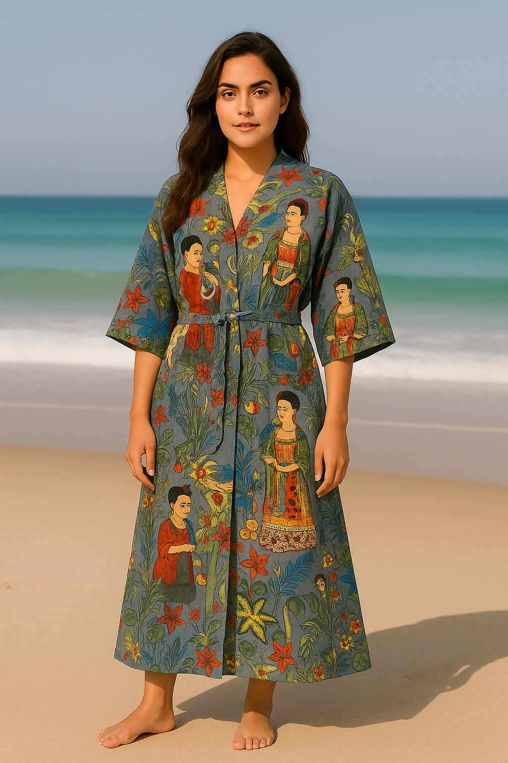 Cotton Printed Grey Kahlo Kimono Kaftan Bathrobe