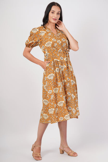 Sunpetal Bloom V-Neck Cotton Dress – Mustard Yellow Floral Midi