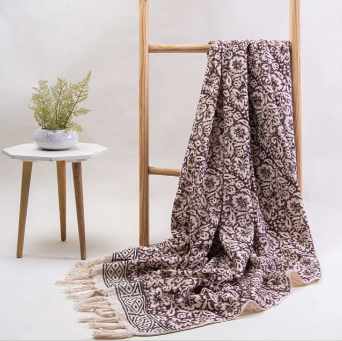 Bohemian Cotton Purple Floral Block Printed Bedding Throw Blanket - Adore India   