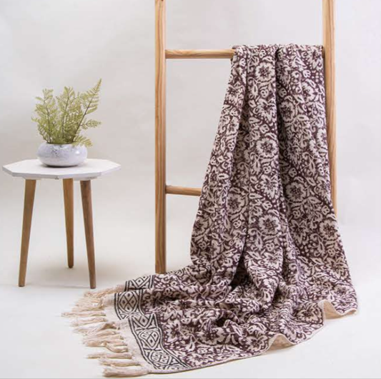 Bohemian Cotton Purple Floral Block Printed Bedding Throw Blanket - Adore India   
