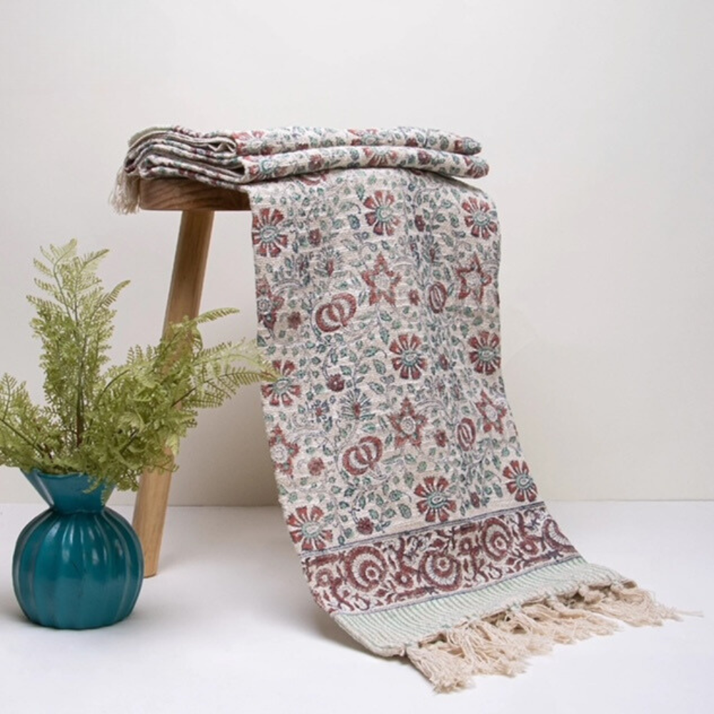 Bohemian Burgundy Floral Block Printed Cotton Bedding Throw Blanket - Adore India   