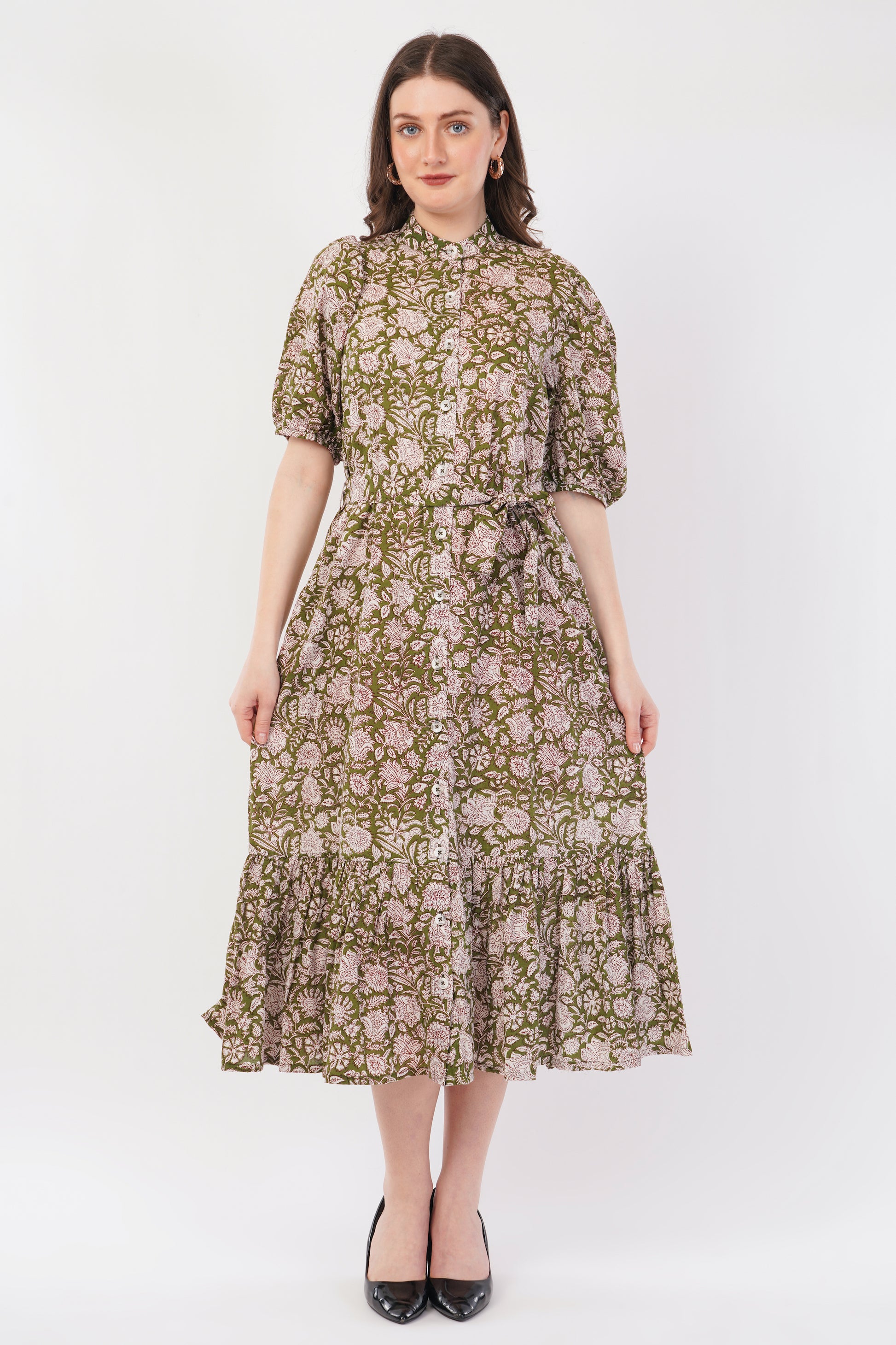 Hand Block Printed Olive Floral Cotton Shirt Bohemian Dress