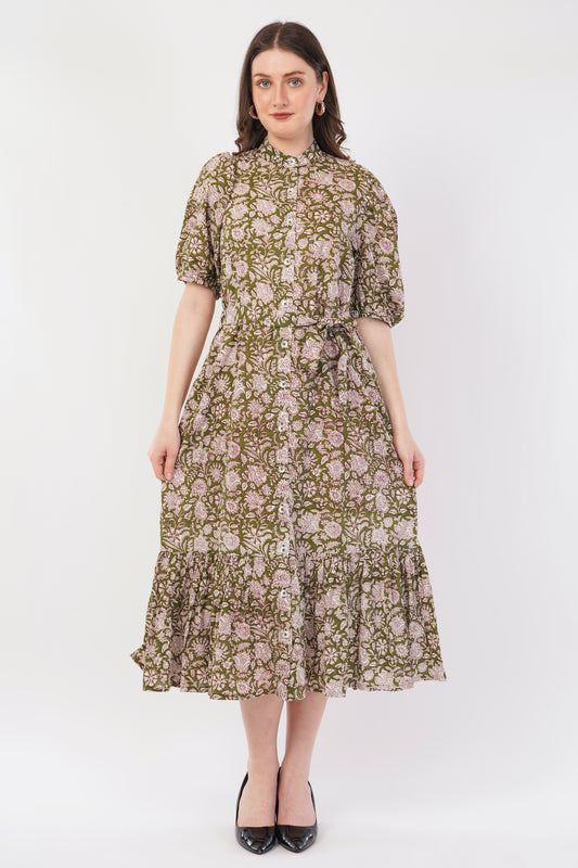 Hand Block Printed Olive Floral Cotton Shirt Bohemian Dress