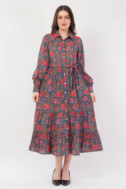 Hand Block Printed Teal Floral Garden Cotton Long Sleeve Dress