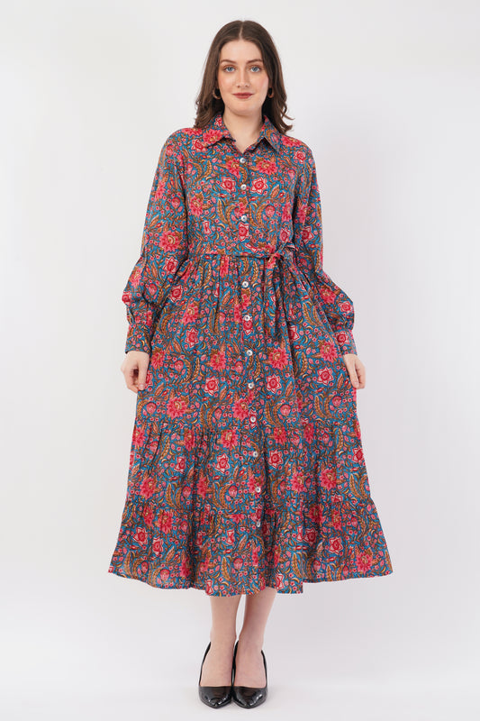 Hand Block Printed Teal Floral Garden Cotton Long Sleeve Dress