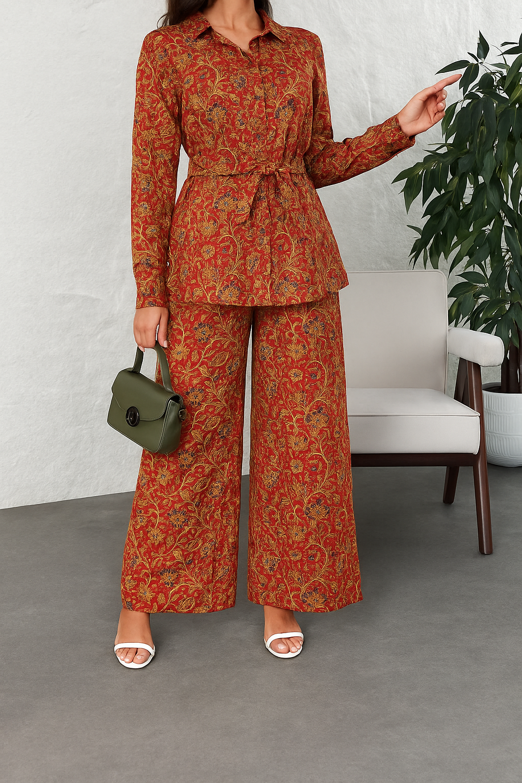 Hand Printed Kalam Crimson Kalamkari Floral Cotton Co-Ord Set