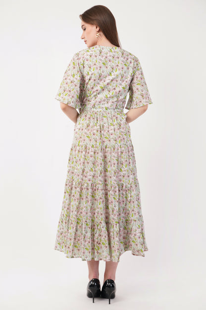 Hariette Pink Floral Cotton V-Neck Maxi Long Dress