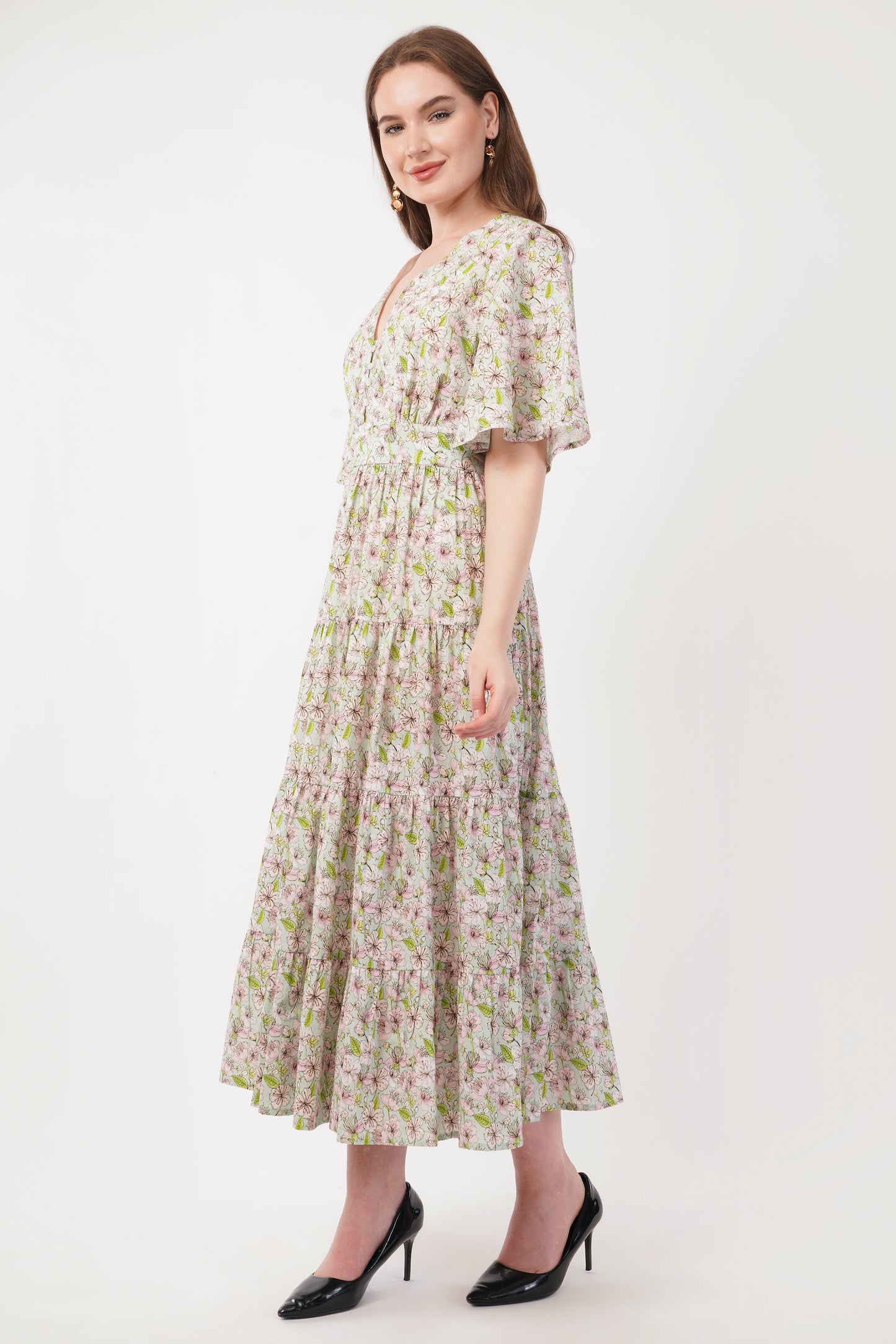 Hariette Pink Floral Cotton V-Neck Maxi Long Dress