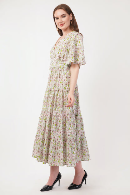 Hariette Pink Floral Cotton V-Neck Maxi Long Dress