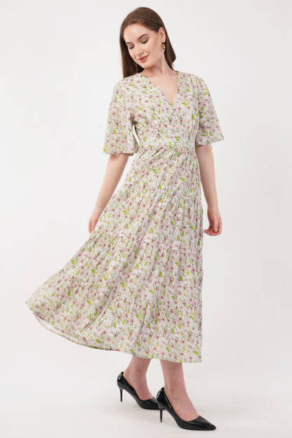 Hariette Pink Floral Cotton V-Neck Maxi Long Dress